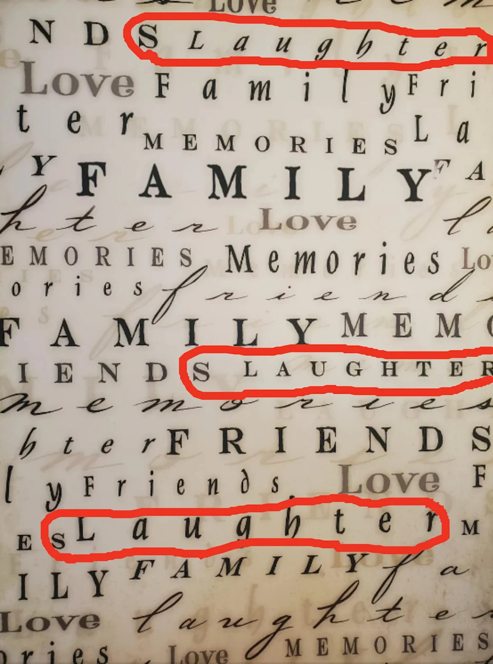 La imagen contiene varias palabras relacionadas con las relaciones y las emociones, tales como "familia," "amor," "recuerdos," y "amigos," en distintos tipos de letra. "Reír" también se incluye varias veces, pero parece que se lee "matanza" ya que antes hay una S