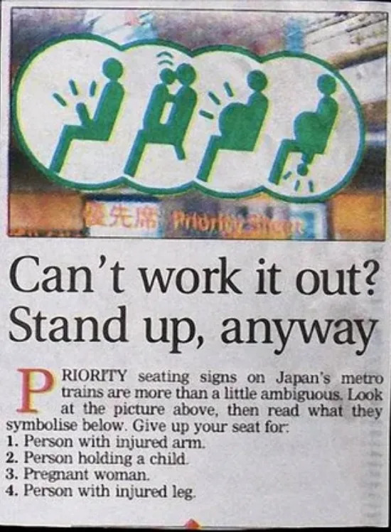 Fragmento de diario que muestra rótulos de asientos prioritarios en el metro de Japón para diferentes personas, pero los rótulos parecen vagamente