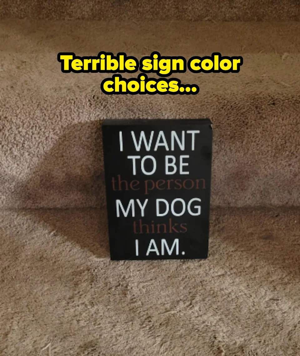 El rótulo de una escalera con alfombra dice: "Quiero ser la persona que mi perro cree que soy." Sin embargo, algunas palabras son demasiado parecidas en color al fondo, por lo que parece que se lee "Quiero ser mi perro que soy"
