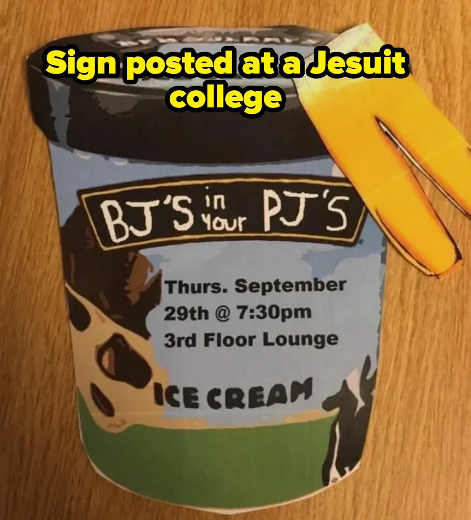 Ilustración de cartón de helado con texto: "BJ's en tus PJ's. jueves. 29 de septiembre a las 19:30 h. Salón 3er Piso. Helado." El subtítulo señala que esto está en un colegio de los jesuitas