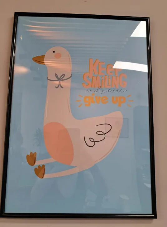 Oca ilustrada con corbata y el texto "Sigue sonriendo y no te rindas nunca" en un cartel enmarcado; el "y nunca" es difícil de leer, así que parece leer "sigue sonriendo renuncia"